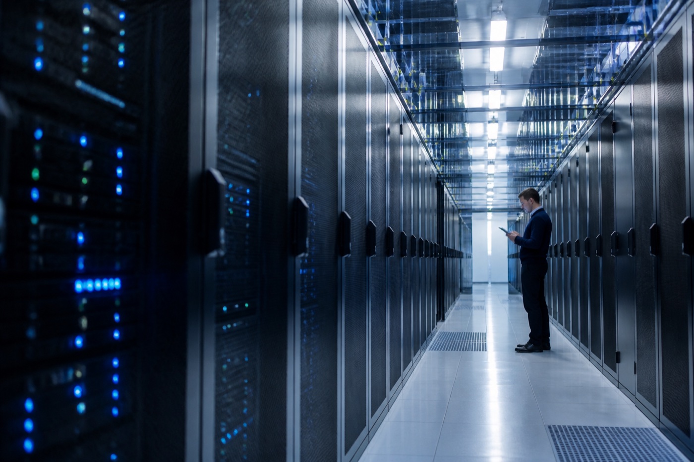 Cloud engineer checking a modern data center