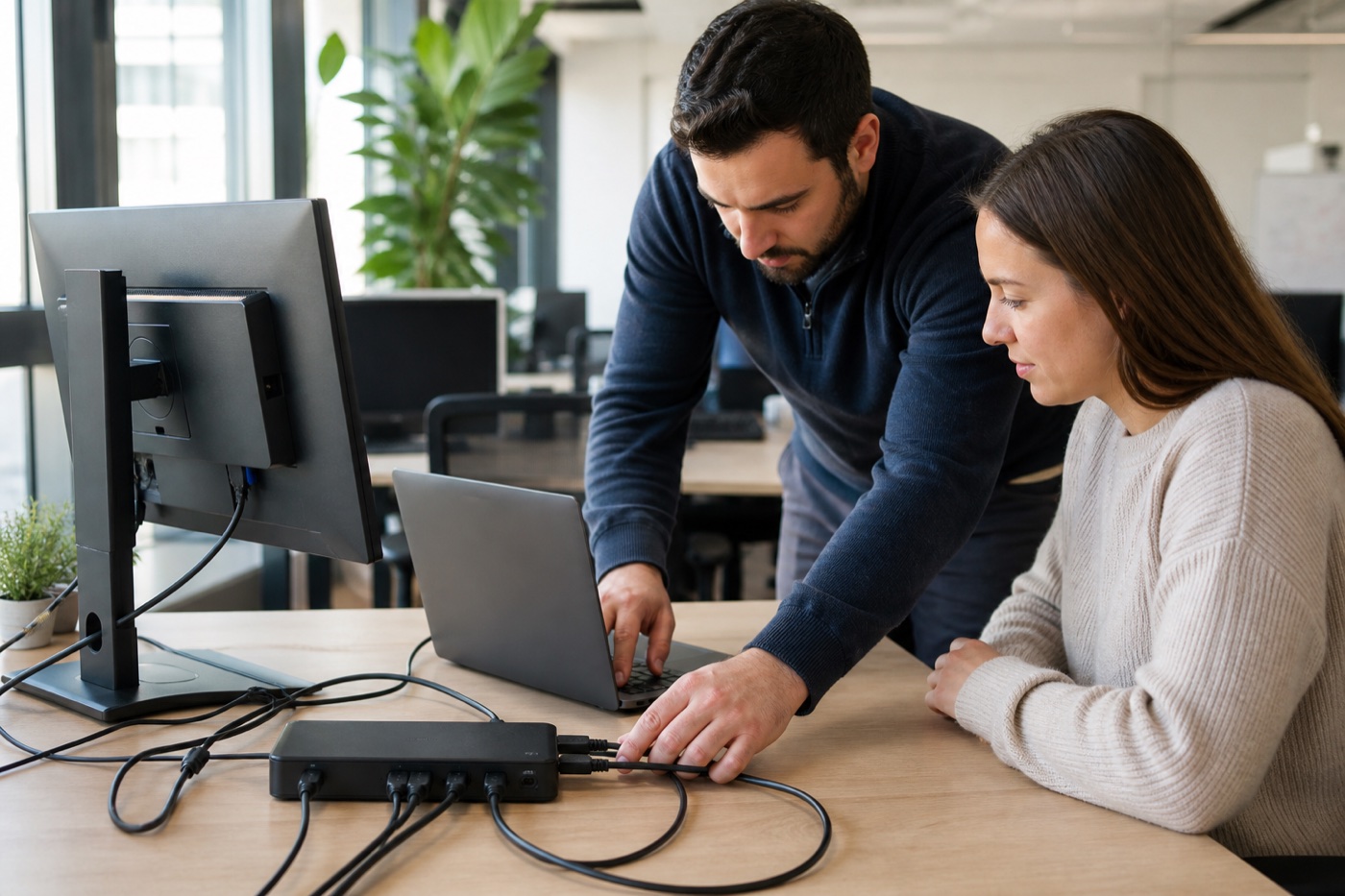 IT specialist helping with office equipment